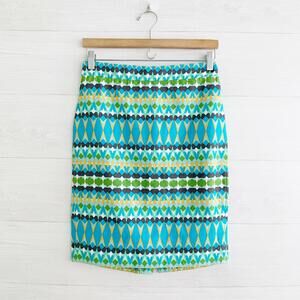 J.Crew Pencil Skirt - Blue & green geometric woven cotton, sz 0